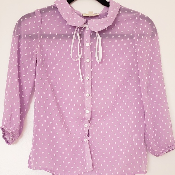 NEW Sheer Button-Up Blouse in Lavender Dots Long Sleeve - Picture 5 of 8